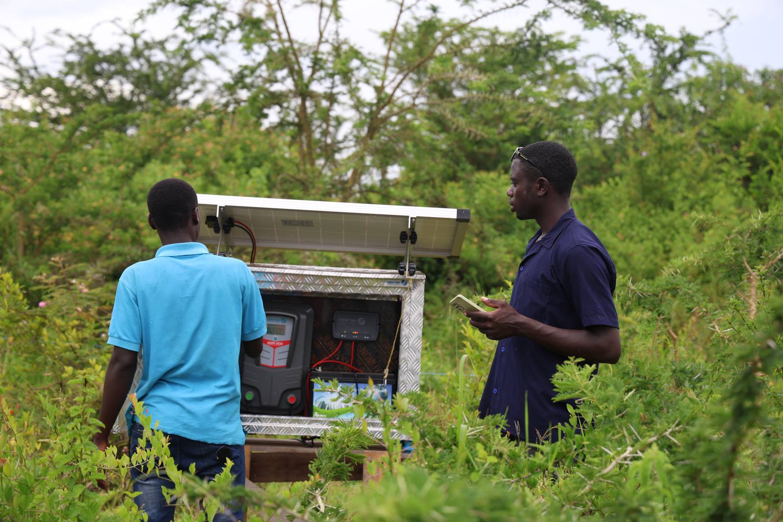 Two team members installing a solar-powered unit in green bushland
